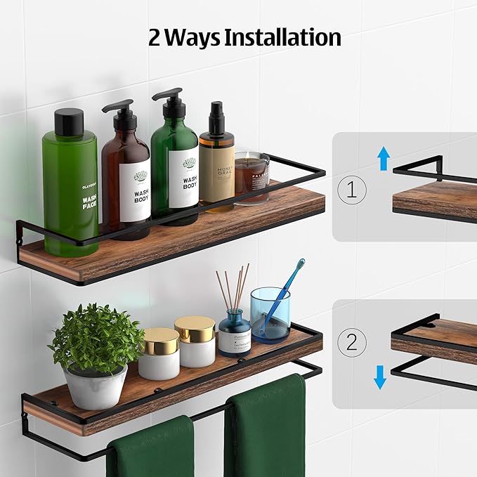 Meangood Floating Shelves Wall Mounted Set of 2, Rustic Wood Wall Storage Shelves for Bedroom,Living Room,Bathroom, Kitchen Rustic Brown-Ruum Studio Home