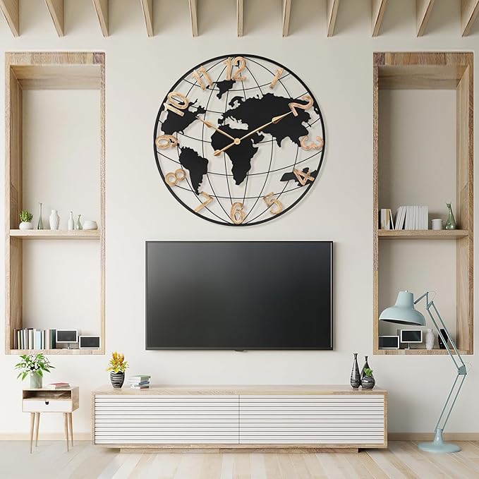 36 Inch Extra Giant Oversized Black Metal Wall Clock,Large Modern Decorative Silent World Map Wall Clock with Vintage Gold Arabic Numeral for Living Room,Entrance Fireplace,Dining Room Decor-Ruum Studio Home