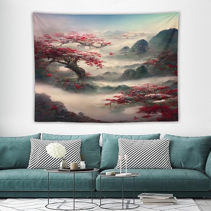 Japanese Tapestry, Red Plum Cherry Blossom Mountain, Nature Landscape, Bedroom & Living Room Decor, 80"x60"-Ruum Studio Home