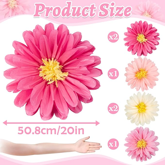 Homarkable 6 Pcs Large Pink Tissue Paper Flowers, 20 Inch Handcrafted Giant Paper Flowers for Spring Summer Party Wedding Birthday Backdrop Baby Shower Nursery Craft Outdoor Wall Decor-Ruum Studio Home