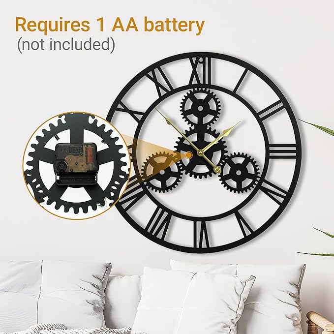 24inches/60cm Wall Clocks for Living Room Deco Non Ticking Silent Battery Operated Metal Modern Vintage Roman Numeral Oversized Gear Wall Clocks for Bedroom Kitchen Fireplace Office Farmhouse-Ruum Studio Home