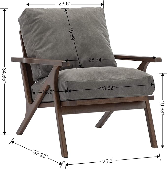 Wahson Mid Century Chair, Upholstered Accent Armchair, with Wood Frame and Canvas Cushions, Leisure Slipper Chair for Living Room/Bedroom, Grey-Ruum Studio Home