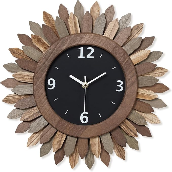 Honiway 14 Inch Wall Clock, Rustic Wood Boho Sunburst Decorative Wall Clocks Battery Operated Silent Non Ticking Farmhouse Small Wall Clocks for Living Room Kitchen Bedroom Home Decor (Tricolor)-Ruum Studio Home