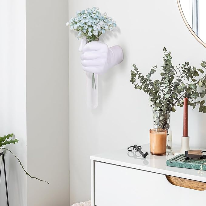 Creative Wall Hanging Sculpture, Funky White Hand Vases Home Decor, Artistic Hanging Hand Sculptures with Test Tube Vases, Unique Wall Art Statue-Ruum Studio Home