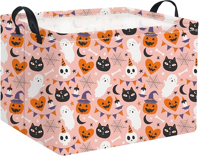 HIYAGON Rectangular Halloween Basket for Boys and Girls Kids Trick or Treat Pumpkin Basket for Halloween Parties Cute Storage Bin Organizer Box Room Decor(Pink Halloween)-Ruum Studio Home
