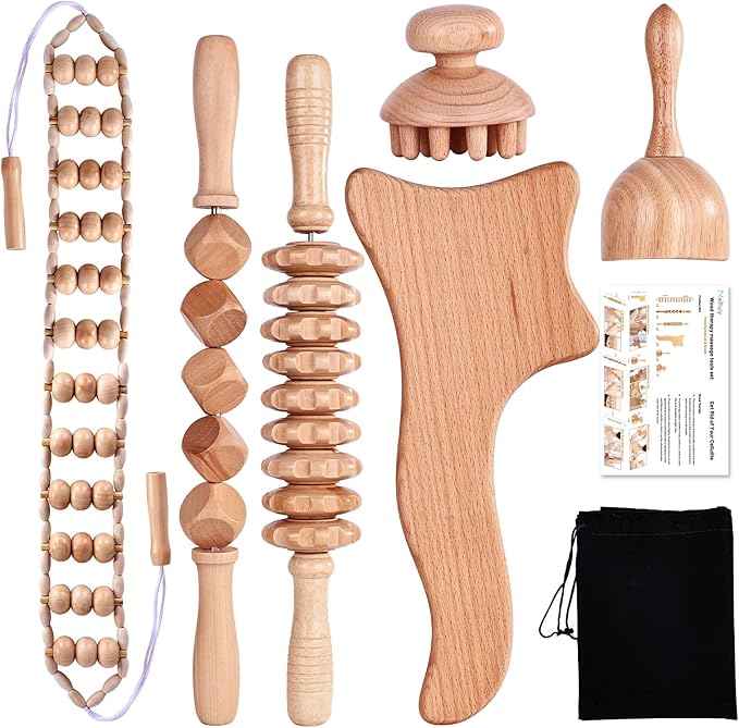 6 Pcs Wood Therapy Massage Tools, Meifuly Professional Complete Maderotherapia Wooden Massager Kit for Body Shaping, Lymphatic Drainage, Muscle Pain Relief, Anti-Cellulite (with Storage Bag)-Ruum Studio Home
