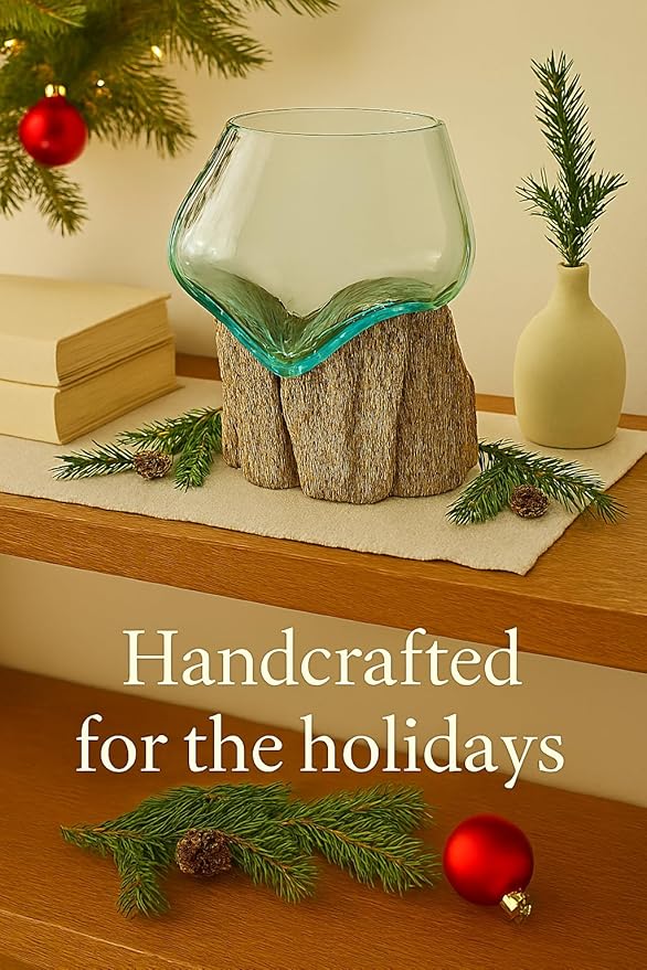 OMA Molten Glass on Driftwood – Hand Blown Vase, Terrarium, or Planter for Coastal & Boho Home Décor Centerpieces (6" - 7" High)-Ruum Studio Home