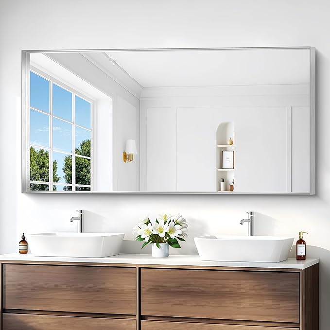 Silver Bathroom Mirror, 30x60 Inch Rectangular Deep Frame Mirror, Large Wall Mounted Bathroom Vanity Mirror Over Sink for Bedroom,Restroom, Living Room, Hangs Vertically or Horizontally-Ruum Studio Home