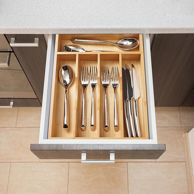 Umilife Bamboo Kitchen Drawer Organizer, 11 Inch Silverware Utensils Tray Holder with Grooved Dividers, 2.4" High Wood Caddy for Flatware Cutlery Knives-Ruum Studio Home
