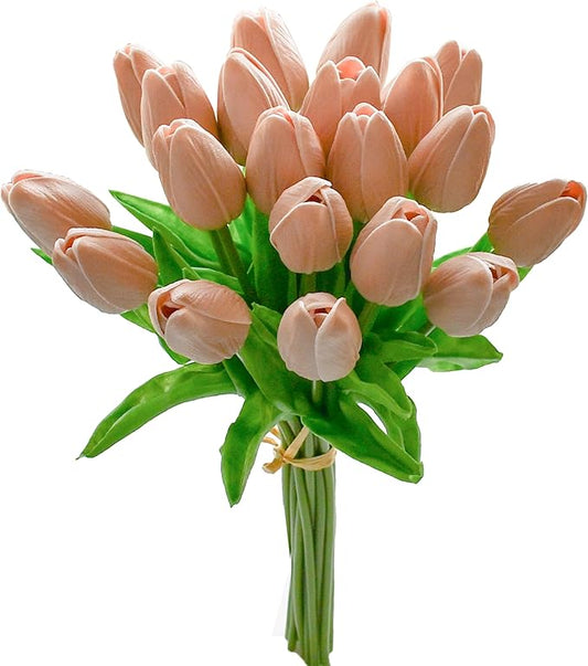 Mandy's Artificial Tulips 20 Stems Light Brown PU Faux Flowers for Wedding Home Decor 13.5 Inch-Ruum Studio Home