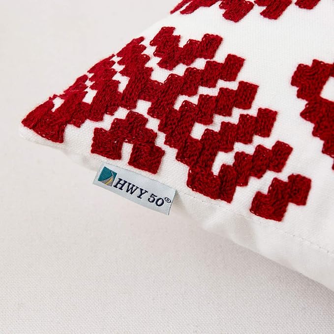 HWY 50 Red Decorative Throw Pillow Covers 18x18 Inch, Pack of 2 Embroidered Cotton Farmhouse Cushion Cover Pillow Case for Sofa Couch Living Room Bed Bedroon, Diamond Design-Ruum Studio Home