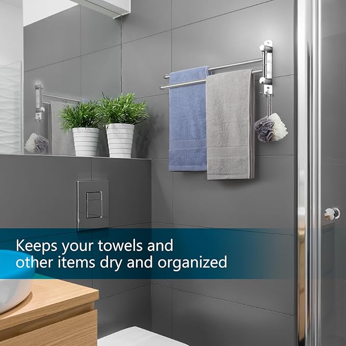 Bathroom Towel Holder JSVER 2 Arms SUS304 Stainless Steel Wall Mounted Towel Bar, Swivel Towel Racks for Bathroom, Kitchen-Ruum Studio Home