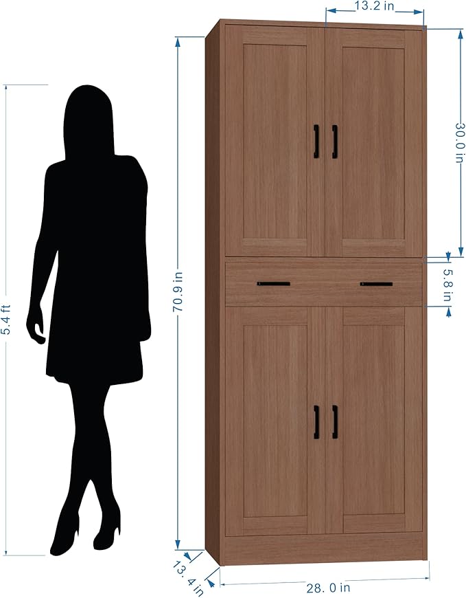 Brown Kitchen Pantry, 71" Tall Storage Cabinet with Doors and Drawer for Kitchen, Hallway, Office-Ruum Studio Home