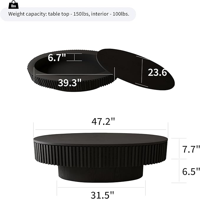 47.2''Oval Coffee Table with Storage, Mid Century Modern Fluted Drum Center Tables with Lid, Solid Wood Side Pedestal Coffee Table Tea Table for Living Room, Bedroom, Apartment-Black-Ruum Studio Home