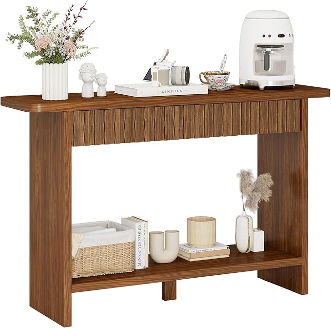 BECHAEO Mid Century Modern Console Table with Drawers, 51" Large 2-Tier Narrow Console Table with Storage Shelf, Sofa Station Behind The Couch, Accent Tables for Entryway, Hallway, Rustic Brown-Ruum Studio Home