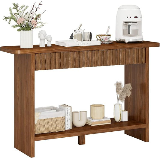 BECHAEO Mid Century Modern Console Table with Drawers, 51" Large 2-Tier Narrow Console Table with Storage Shelf, Sofa Station Behind The Couch, Accent Tables for Entryway, Hallway, Rustic Brown-Ruum Studio Home