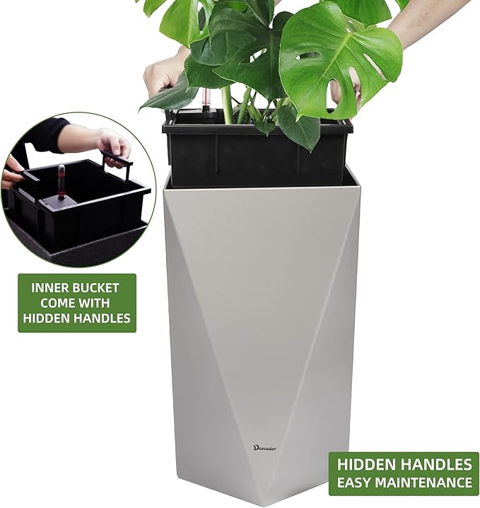 Dexceder 20 Inches Tall Self Watering Planter Diamond Metallic Matte Indoor Outdoor, Thickened Rhombus Large Floor Standing Flower Plant Pot with Water Level Indicator (Gray)-Ruum Studio Home