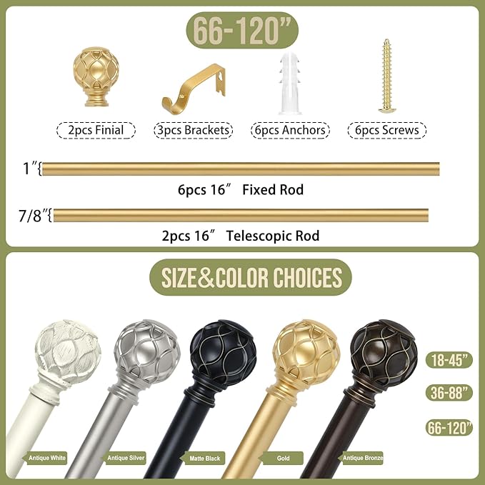 Gold Adjustable Curtain Rods for Windows:66-120 Inch Farmhouse Heavy Duty Curtain Rod for Bedroom Living Room,Boho Decorative Rustic Drapery Rods with Vintage Coastal Texture Finial,Brass Gold-Ruum Studio Home