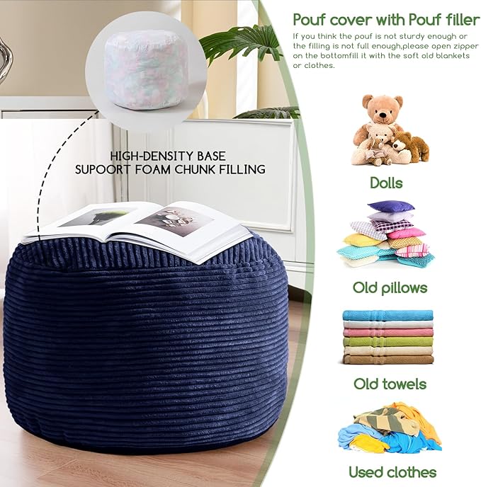 HIGOGOGO Round Stuffed Pouf Ottoman, Corduroy Poufs with Foam Chunk Filling, Furry and Fluffy Pouf Foot Stool Storage Ottoman, 20 X 15 Floor Poufs Foot Rest for Living Room, Navy-Ruum Studio Home