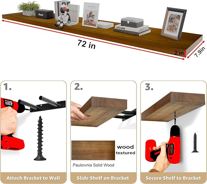 IAE Walnut Floating Wall Shelves 72 inch, Bathroom Shelves Wall Mounted,Invisible Shelves Floating Kitchen Shelves,Wooden Wall Shelves with Brackets for Living Room Wall Mounted,Easy Install,Set of 2-Ruum Studio Home