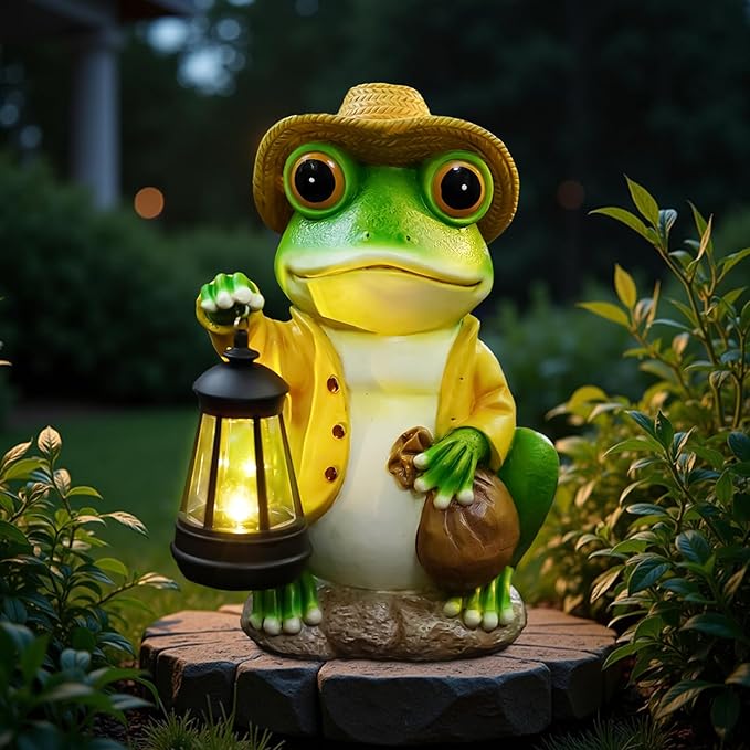 Solar Garden Outdoor Frog Statue 10 inches Tall - with Handheld Lanterns - Detachable - Patio, Balcony, Shelf, Tabletop, Lawn Decoration - Unique Housewarming, Birthday, Thanksgiving, Mom Gifts-Ruum Studio Home