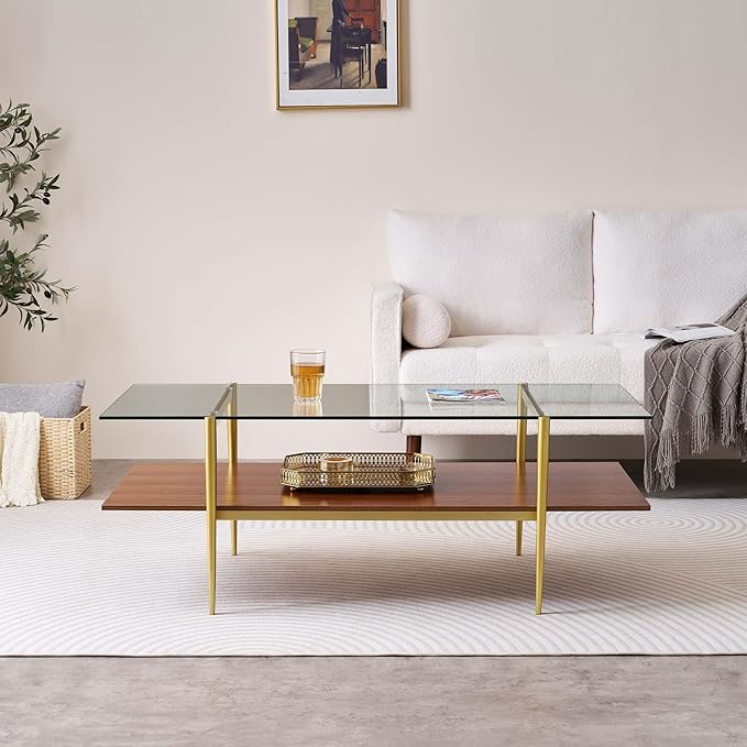 X-Large Rectangle Glass Coffee Table, Mid-Century Modern Design, for Living Room, L47 x W24 x H17 Inch, Clear Glass Top and Walnut MDF Shelf, Sleek Conical Legs with Gold Finish Frame-Ruum Studio Home