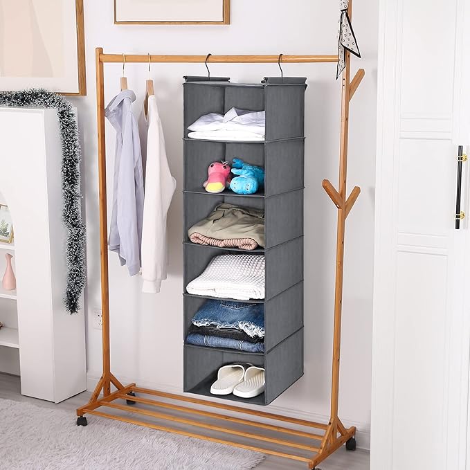MAX Houser 6 Tier Shelf Hanging Closet Organizer, Closet Hanging Shelf with 2 Sturdy Hooks for Storage, Foldable (Grey)-Ruum Studio Home