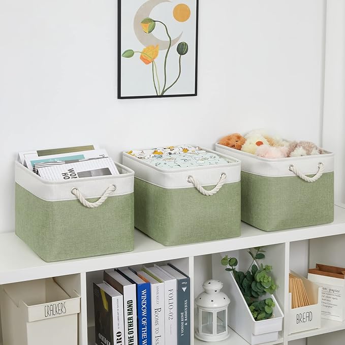 Bidtakay Large Fabric Baskets for Organizing [3-pack] Closet Organizers and Storage Baskets for Gifts Empty Foldable Nursery Baskets for Toy Storage 15 X 11 X 9.5 Inches (White&green)-Ruum Studio Home