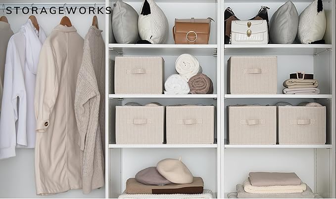 StorageWorks Storage Baskets for Shelves, Foldable Fabric Closet Storage Bins with Handles, Fabric Storage Bins Clothes Organizer, Beige Stripes, 3-Pack, Large-Ruum Studio Home