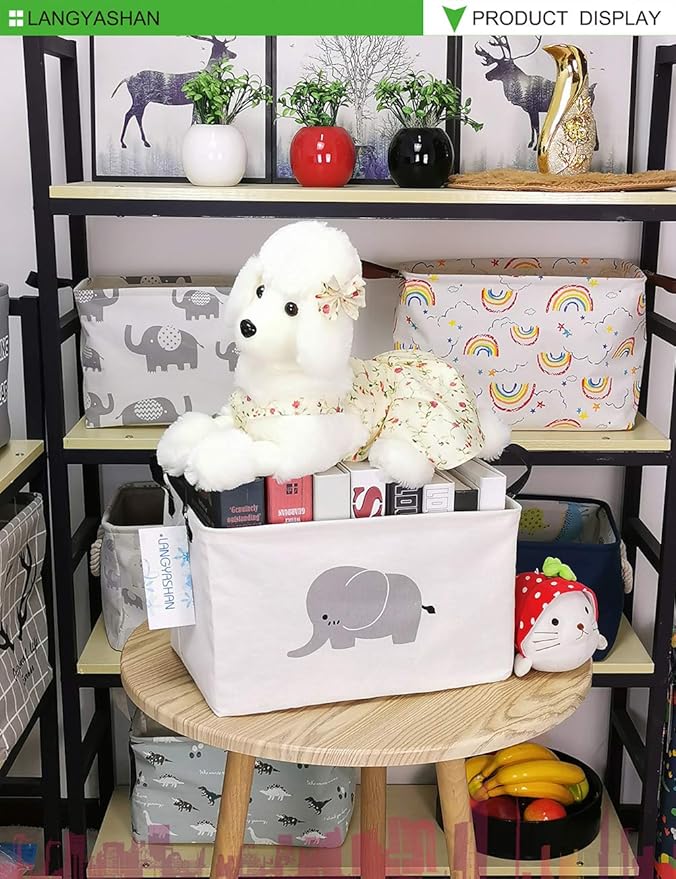 LANGYASHAN Rectangular Storage Bin Collapse Canvas Fabric Cartoon Storage Basket with Handles for Organizing Home Kitchen Boys and Girls Toys Office Closet Shelf Baskets (REC Elephant)-Ruum Studio Home