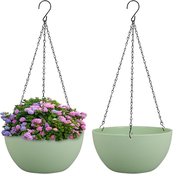 10 inch Hanging Planters Plant Pots for Indoor Outdoor Plants, 2 Pack Hanging Flower Pots with Drainage Holes and Chain for Garden Porch, Plastic Hanging Baskets for House Plants, Green-Ruum Studio Home