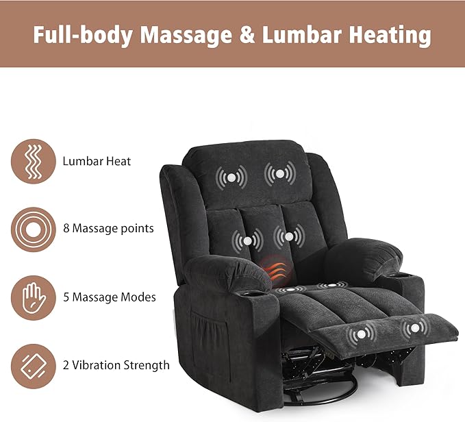 Rocker Swivel Recliner Chair for Adults, Overstuffed Large Manual Recliner Glider with Massage and Heat, Comfy Soft Fabric Living Room Reclining Sofa Chair (Black Fabric)-Ruum Studio Home
