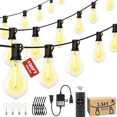 100FT Outdoor String Lights Waterproof with 64+4 Bulbs (1.5FT Bulbs Spacing), Remote & Dimmer, Commercial Patio String Lights with 3 Mode Light & Timing, 100PC Mounting Ties for Outside-Ruum Studio Home