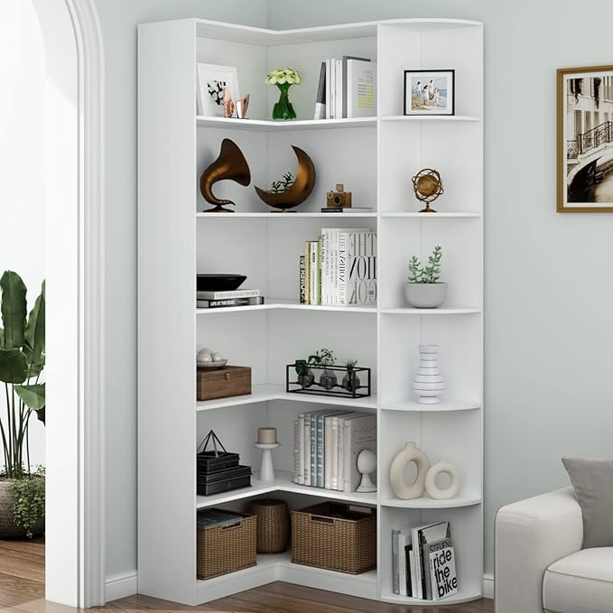 Loomie White Book Shelf, 6 Tiers Shelf Large Tall Corner Etagere Bookcase with Full Baffle, L-Shaped Modern Storage Display Industrial Bookshelves for Bedroom, Home Office, Living Room & Kitchen-Ruum Studio Home