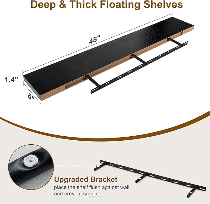 Black Floating Shelves 48 Inch Long, 8 Deep Floating Shelves for Wall, Rustic 48" Long Fireplace Mantel, Large 48 x 8 Wall Shelves for Bedroom, Living Room, Bathroom, Black Deep Shelves Set of 1-Ruum Studio Home
