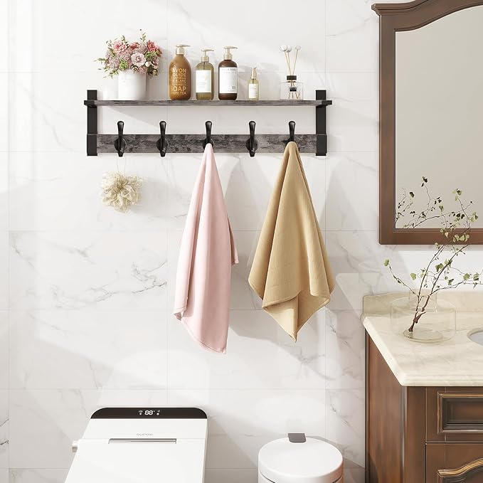 Homode Coat Rack Wall Mount with Shelf, 29 Inch Wood Wall Shelf with Hooks, Entryway Coat Hanger Wall Mount with 5 Hangers for Bathroom, Bedroom, Living Room, Grey-Ruum Studio Home