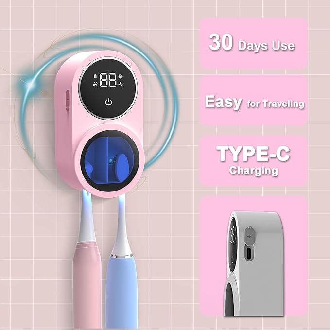 Toothbrush Holder and Cleaner for Bathroom Light Cleaning Fan Drying Round in Circle Automatic Rotating Cover Wall Mounted Smart Home Gadgets (03 Pink)-Ruum Studio Home