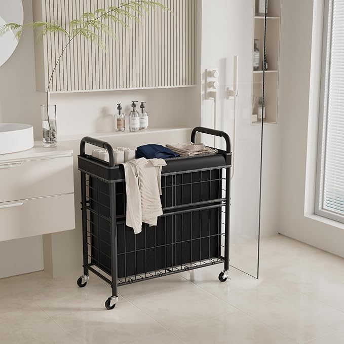 Laundry Hamper 3 Section, 145L Rolling Laundry Sorter Basket with Wheels, 3 Compartment Clothes Organizer Cart, Pull-Out Removable Bags for Laundry Room, Bathroom, Bedroom, Black-Ruum Studio Home