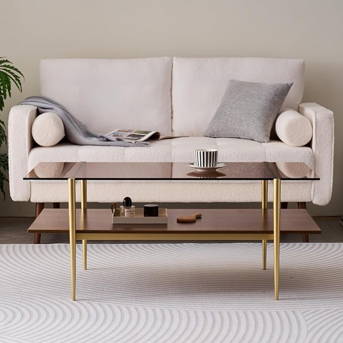 Rectangle Coffee Table, Mid-Century Modern Design, L41 W21 x H17, for Living Room, 2-Tier Structure, Amber Glass Top and Walnut MDF Shelf, Sleek Conical Metal Legs with Gold Finish-Ruum Studio Home