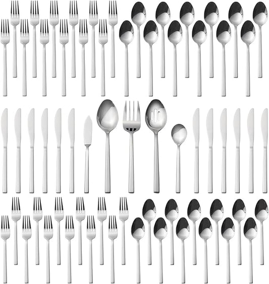 Alata Cube 65-Piece Forged Stainless Steel Flatware Set Cutlery Set with Utensil-Serving Set, Silverware Set Service for 12, Mirror Finish, Dishwasher Safe-Ruum Studio Home
