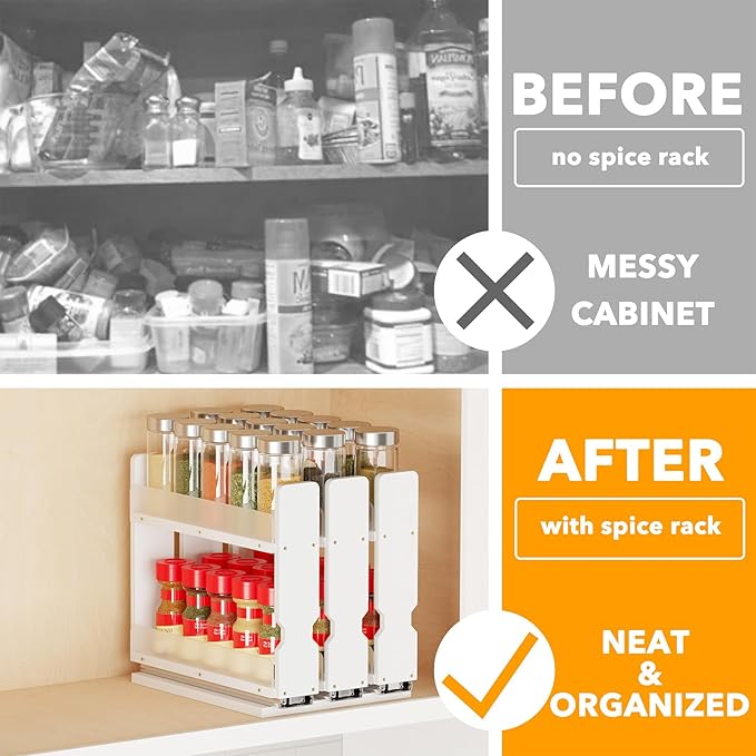 SpaceAid Bamboo Pull Out Spice Rack Organizer for Cabinet, Heavy Duty Slide Out Seasoning Kitchen Pantry Sliding Vertical Organization, 7.6" Wide, 3 Drawers(2" Wide), 2-Tier, White-Ruum Studio Home