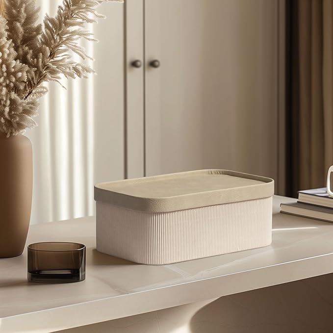 La Jolie Maison Fluted Cardboard Storage Baskets with Leather-Like Lids, Sturdy Stackable Paper Boxes Decorative Tray,Set of 3 Ivory-Ruum Studio Home