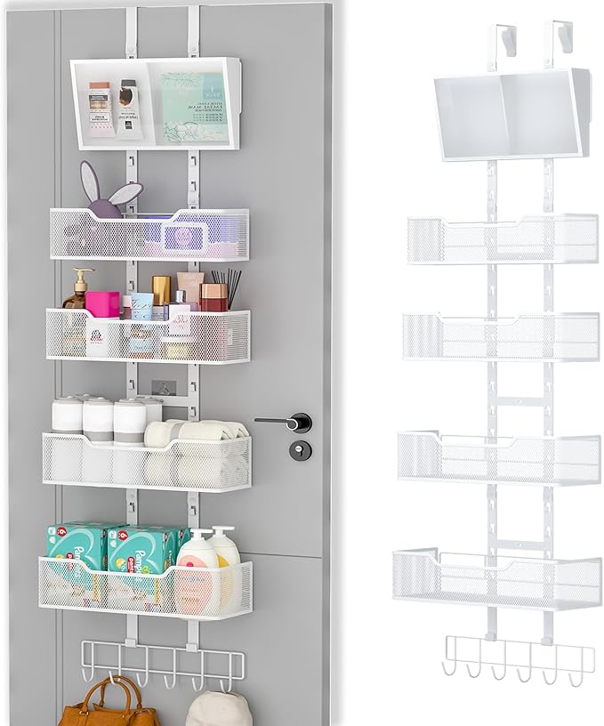 Adjustable Over The Door Organizer, Hanging Door Storage with PVC Pocket and 4 Metal Baskets Wall Mount, Closet Door Organizer Behind Door Rack for Bathroom Bedroom Closet, White-Ruum Studio Home