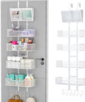 Adjustable Over The Door Organizer, Hanging Door Storage with PVC Pocket and 4 Metal Baskets Wall Mount, Closet Door Organizer Behind Door Rack for Bathroom Bedroom Closet, White-Ruum Studio Home