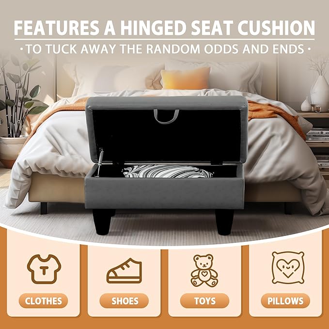 Ottoman Rectangular Storage Ottoman Bench, Faux Leather Footrest, Coffee Table, Stool Footstool with Hinged Lid for Living Room, Bedroom, Entryway, Gray, 28.5"x19"x17.5"-Ruum Studio Home