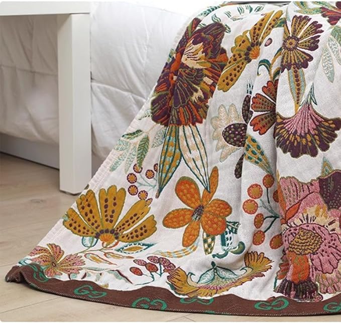 Boho Muslin Blanket for Adults 4-Layer Gauze 80 x 90 Inches Soft Cozy 100% Cotton Summer Cooling Blanket Colorful Floral Decor for Sofa Bed Coverlet Both Sides (A Summer Floral, 80 x 90 in)-Ruum Studio Home