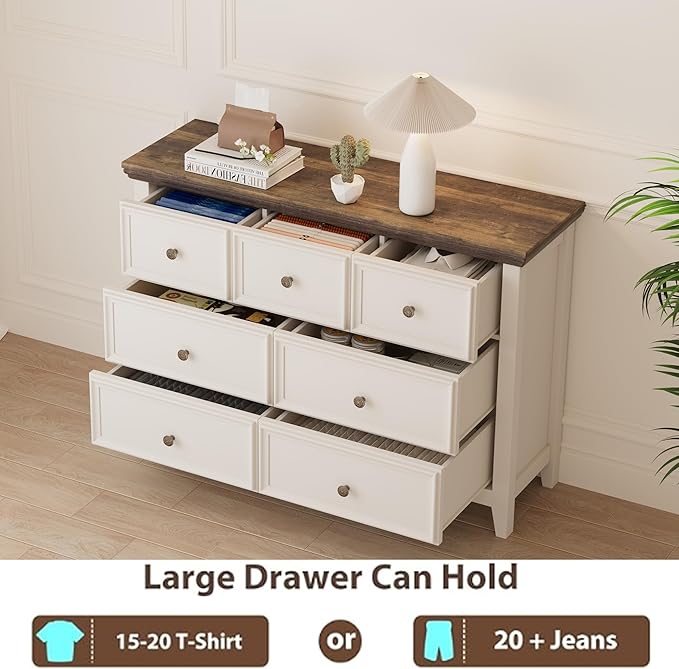BLANKSPACE 7 Drawer Dresser, Modern Farmhouse Dresser Chest of Drawer for Bedroom, Chest of Drawers Storage Cabinet for Living Room, Entryway, Hallway, Antique White-Ruum Studio Home