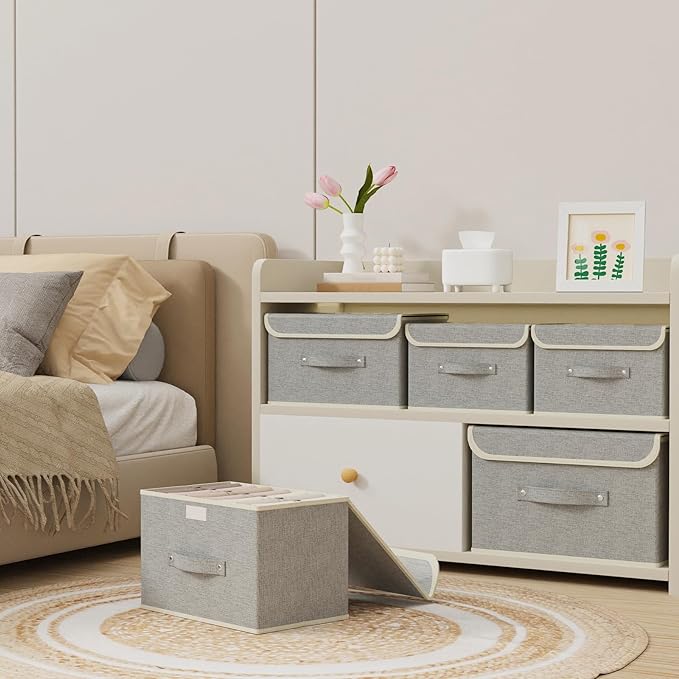 Storage Boxes, Collapsible Storage Bins with Lids, Cotton and linen cloth Storage Baskets with Handle, for Books, Closet, Bedroom, Home, 15x9.8x9.8 in, Grey-Ruum Studio Home