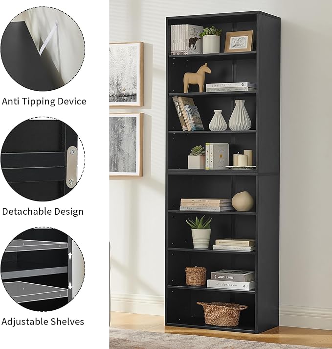 71 Inch Tall 8-Shelf Bookcase, Wood Bookshelf Storage Organizer Adjustable Shelf for Home Office Living Room, Converts into Two 4-Shelf Bookshelves, Black-Ruum Studio Home