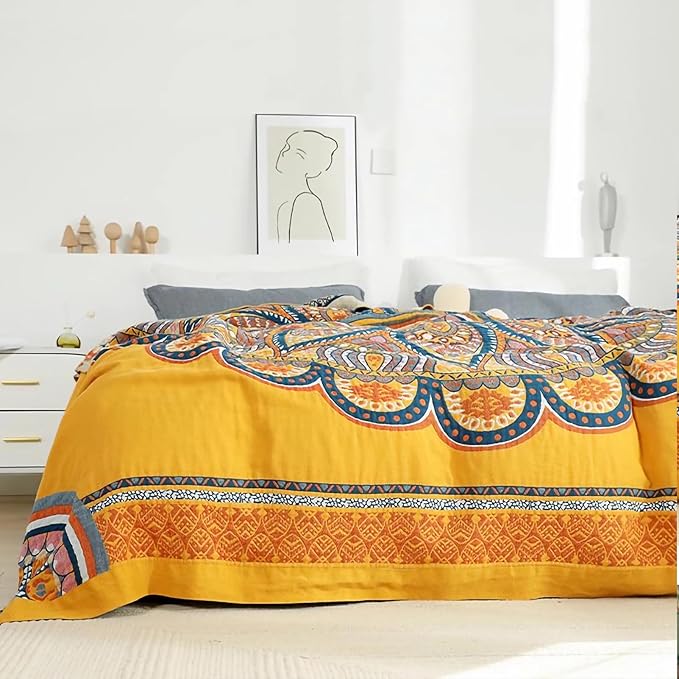 Snycler Boho 100% Cotton Throw Blanket, Decorative Muslin Boho Throw Blanket, Soft Cozy Colorful Bohemian Floral Reversible Blanket with Tassels for Chair Couch Bed Sofa Room Decor, 60x80 Inch-Ruum Studio Home